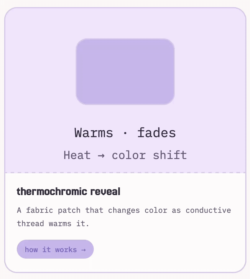 the thermochromic reveal demo, showing a fabric patch mid-color-change from warm heating