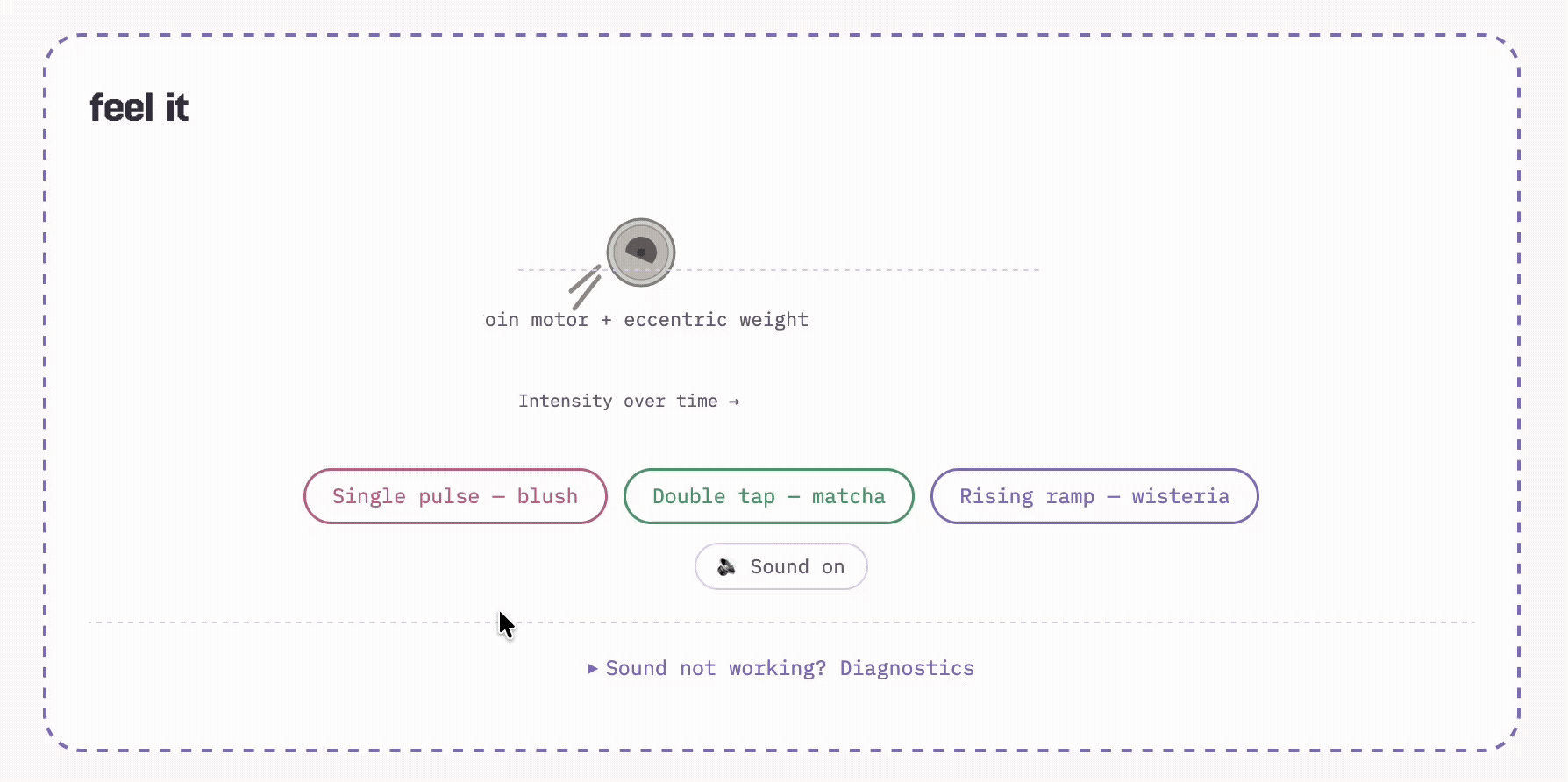 the haptic motor demo, showing a coin vibration motor illustration with signature buttons for single pulse, double tap, and rising ramp